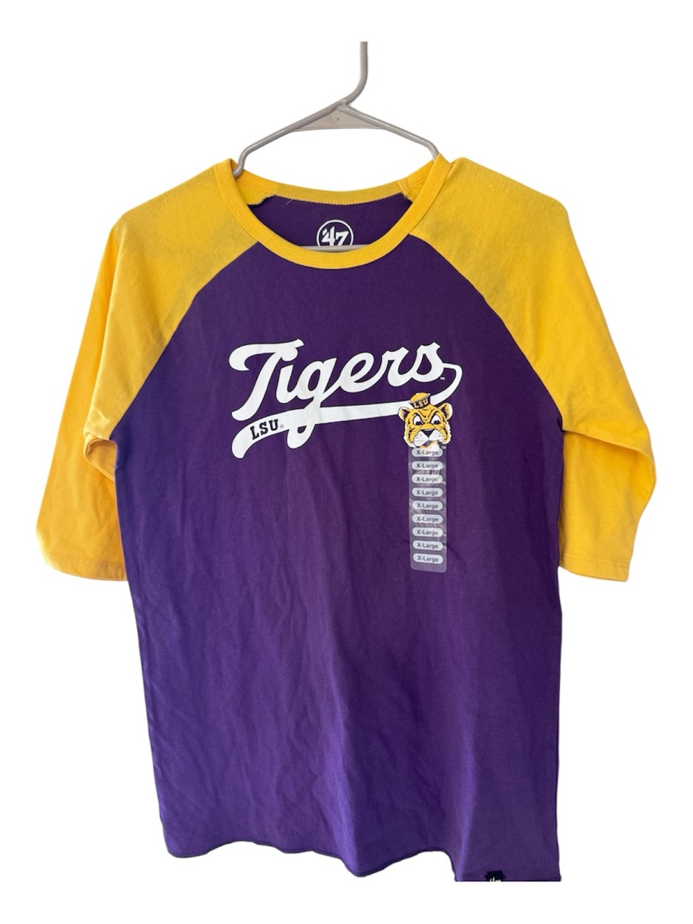 NWOT LSU Tigers '47 Brand Raglan 3/4 Sleeve Tee XL Youth